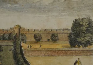 Collegium Novum (detail) (hand-coloured engraving) Collegium Novum (detail) (hand-coloured engraving)