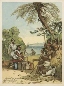 Columbus bartering with Native Americans for supplies (chromolitho) Columbus bartering with Native Americans for supplies (chromolitho)