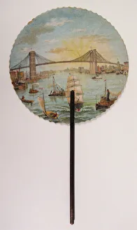 'Commemorative fan printed with scene of Brooklyn Bridge' (cardboard leaf) 'Commemorative fan printed with scene of Brooklyn Bridge' (cardboard leaf)