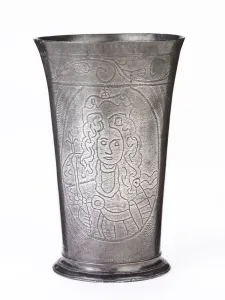 Commemorative pewter beaker with wrigglework portraits of William III and Mary II, c Commemorative pewter beaker with wrigglework portraits of William III and Mary II, c