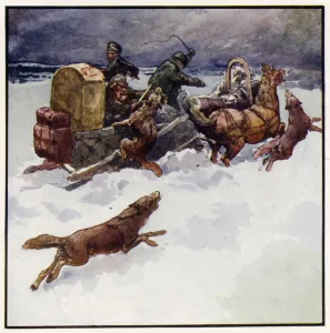 My companion coolly thrust one of his arms into a wolf's mouth (colour litho) My companion coolly thrust one of his arms into a wolf's mouth (colour litho)