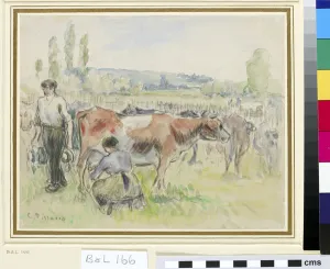 Compositional study of a milking scene at Eragny-sur-Epte (w/c over black chalk on paper) Compositional study of a milking scene at Eragny-sur-Epte (w/c over black chalk on paper)