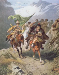 Cossacks of the Caucasus return from a raid on a settlement of Muslim cossacks with a Cossacks of the Caucasus return from a raid on a settlement of Muslim cossacks with a