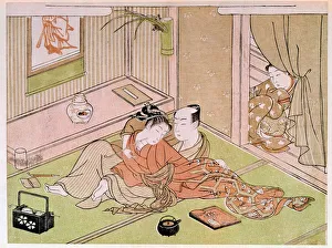 Couple caressing under the gaze of the handmaid Japanese print by Utamaro Kitagawa Couple caressing under the gaze of the handmaid Japanese print by Utamaro Kitagawa