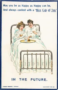 Couple drinking tea in bed, Card (chromolitho) Couple drinking tea in bed, Card (chromolitho)
