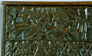 The Courtrai Chest depicting two scenes from the Battle of the Golden Spurs fought in The Courtrai Chest depicting two scenes from the Battle of the Golden Spurs fought in