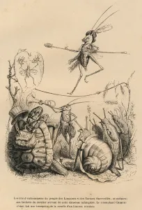 Criquet jouant de la trompette devant une tortue, un escargot et des limaces Criquet jouant de la trompette devant une tortue, un escargot et des limaces