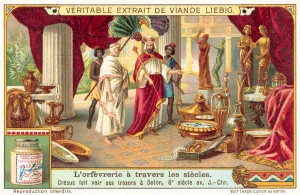 Croesus showing his treasures to Solon, 6th Century BC (chromolitho) Croesus showing his treasures to Solon, 6th Century BC (chromolitho)