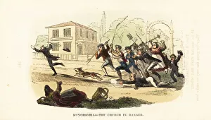 A crowd of armed people chasing a rabid dog through a village. 1831 (engraving) A crowd of armed people chasing a rabid dog through a village. 1831 (engraving)