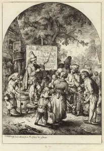 A crowd gather around a man gesticulating with a stick in his left hand (engraving) A crowd gather around a man gesticulating with a stick in his left hand (engraving)