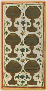 The Six of Cups, facsimile of a tarot card from the Visconti deck The Six of Cups, facsimile of a tarot card from the Visconti deck