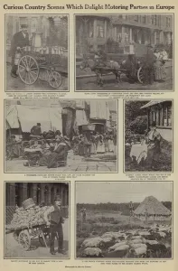 Curious country scenes which delight motoring parties in Europe (b/w photo) Curious country scenes which delight motoring parties in Europe (b/w photo)
