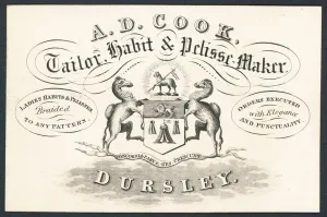 A D Cook, tailor, habit and pelisse maker, trade card (engraving) A D Cook, tailor, habit and pelisse maker, trade card (engraving)