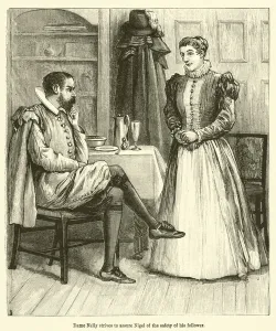 Dame Nelly strives to assure Nigel of the safety of his follower (engraving) Dame Nelly strives to assure Nigel of the safety of his follower (engraving)