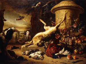 A dead Hare on a plinth by a sculpted Urn with a Basket of Fruit, a dead Pheasant A dead Hare on a plinth by a sculpted Urn with a Basket of Fruit, a dead Pheasant
