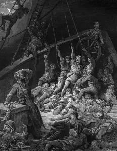 The dead sailors rise up and start to work the ropes of the ship so that it begins to move The dead sailors rise up and start to work the ropes of the ship so that it begins to move