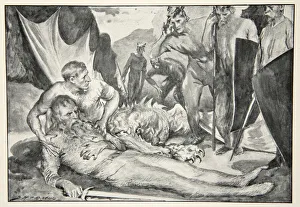 The Death of Beowulf, from Hero Myths and Legends of the British Race by M.I. Ebbutt, 1910 (litho) The Death of Beowulf, from Hero Myths and Legends of the British Race by M.I. Ebbutt, 1910 (litho)