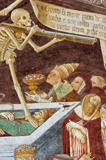 Death standing on a sarcophagus where the dead Pope and the Emperor lie, detail from the Triumph of Death Death standing on a sarcophagus where the dead Pope and the Emperor lie, detail from the Triumph of Death