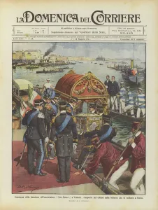 Delivery of the flag to the San Marco cruiser in Venice, transport of the bonnet in the Bissona... (colour litho) Delivery of the flag to the San Marco cruiser in Venice, transport of the bonnet in the Bissona... (colour litho)