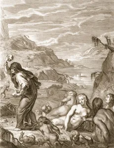 Deucalion and Pyrrha Repeople the World by Throwing Stones Behind Them, 1731 (engraving) Deucalion and Pyrrha Repeople the World by Throwing Stones Behind Them, 1731 (engraving)