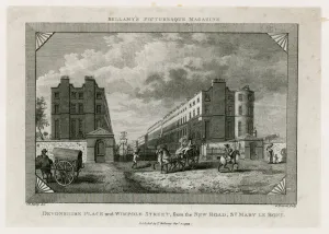 Devonshire Place and Wimpole Street from the New Road, St Marylebone (engraving) Devonshire Place and Wimpole Street from the New Road, St Marylebone (engraving)