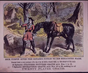 Dick Turpin with his horse Black Bess on his way to York (colour litho) Dick Turpin with his horse Black Bess on his way to York (colour litho)