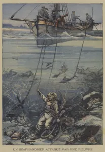 A diver attacked by an octopus (colour litho) A diver attacked by an octopus (colour litho)