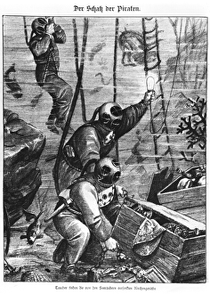 Divers finding pirates treasure, 1897 (litho) (b/w photo) Divers finding pirates treasure, 1897 (litho) (b/w photo)