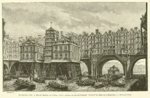 Dix-huitieme siecle, Lutte de bateliers sur la Seine, a Paris (engraving) Dix-huitieme siecle, Lutte de bateliers sur la Seine, a Paris (engraving)