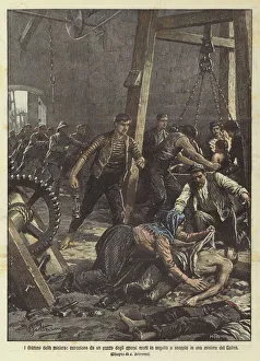 The drama of mining, extraction from a well of workers who died after an explosion in a Welsh mine (colour litho) The drama of mining, extraction from a well of workers who died after an explosion in a Welsh mine (colour litho)