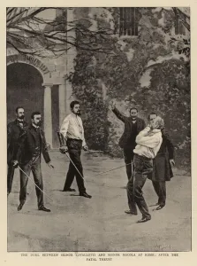 The Duel between Signor Cavallotti and Signor Macola at Rome, after the fatal thrust (engraving) The Duel between Signor Cavallotti and Signor Macola at Rome, after the fatal thrust (engraving)