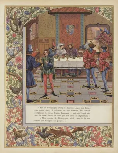 The Duke of Burgundy providing a sumptuous feast for Louis, Dauphin of France (colour litho) The Duke of Burgundy providing a sumptuous feast for Louis, Dauphin of France (colour litho)