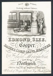 Edmond Slee, cooper, basket, corn seive, measure and hamper manufacturer, trade card (engraving) Edmond Slee, cooper, basket, corn seive, measure and hamper manufacturer, trade card (engraving)