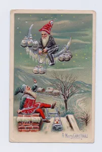 Edwardian Christmas postcard of a gnome sitting on a chimney while another is on a Edwardian Christmas postcard of a gnome sitting on a chimney while another is on a