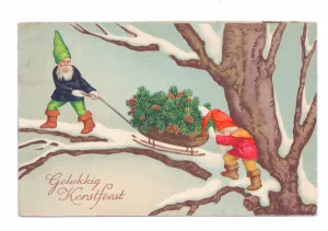 Edwardian postcard of a gnome pulling a cart full of pine cone while another is pushing Edwardian postcard of a gnome pulling a cart full of pine cone while another is pushing