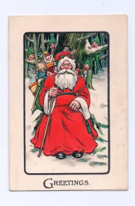 Edwardian postcard of a group of gnomes looking at a seated Father Christmas with a sack Edwardian postcard of a group of gnomes looking at a seated Father Christmas with a sack