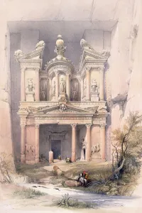 El Kasne (Treasury), Petra, March 1839, 1842-1849 (hand-coloured lithograph) El Kasne (Treasury), Petra, March 1839, 1842-1849 (hand-coloured lithograph)