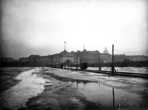 Electric tramlines laid on the frozen Neva River (b/w photo) Electric tramlines laid on the frozen Neva River (b/w photo)