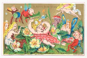 Elves and Angels celebrating New Year, New Year Card (chromolitho) Elves and Angels celebrating New Year, New Year Card (chromolitho)