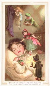 Elves delivering Christmas gifts, Christmas Card (chromolitho) Elves delivering Christmas gifts, Christmas Card (chromolitho)