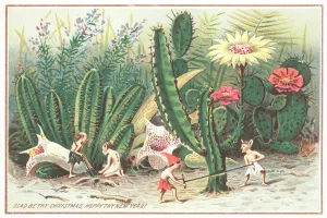 Elves in the garden, Christmas Card (chromolitho) Elves in the garden, Christmas Card (chromolitho)
