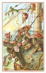 Elves throwing supplies overboard, Christmas Card (chromolitho) Elves throwing supplies overboard, Christmas Card (chromolitho)