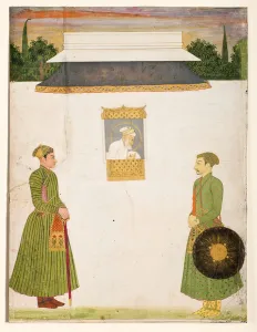 Emperor Aurangzeb at a jharokha window, two noblemen in the foreground, c Emperor Aurangzeb at a jharokha window, two noblemen in the foreground, c