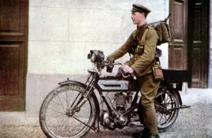 An English dispatch rider taking off during the Battle of the Marne east of Paris An English dispatch rider taking off during the Battle of the Marne east of Paris