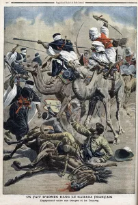 In english Sahara: fight between french troop sand touaregs In english Sahara: fight between french troop sand touaregs