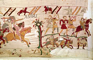 The English turn in flight after the death of King Harold, Bayeux Tapestry (wool embroidery on linen) The English turn in flight after the death of King Harold, Bayeux Tapestry (wool embroidery on linen)