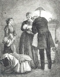 Engraving depicting a doctor examining a baby with measles Engraving depicting a doctor examining a baby with measles
