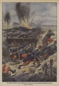 The episodes of the war, French troops fleeing from an underground trench bombarded by enemies (colour litho) The episodes of the war, French troops fleeing from an underground trench bombarded by enemies (colour litho)
