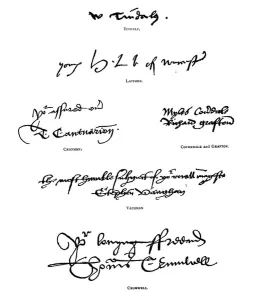 Examples of penmanship of men connected with the early translation of the Bible (engraving) Examples of penmanship of men connected with the early translation of the Bible (engraving)