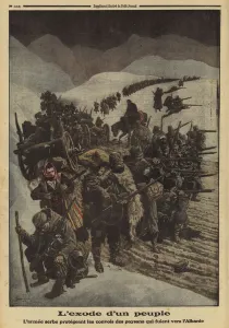 Exodus of a people: the Serbian army protecting a column of peasants fleeing to Albania, World War I Exodus of a people: the Serbian army protecting a column of peasants fleeing to Albania, World War I